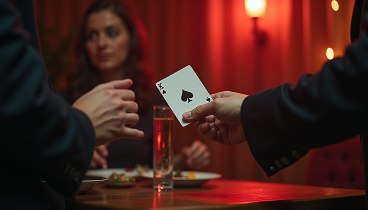 Vue rapprochée d'un magicien expérimenté réalisant un tour de cartes captivant