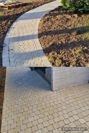 Chemin sinueux en pavés clairs posés en quinconce.