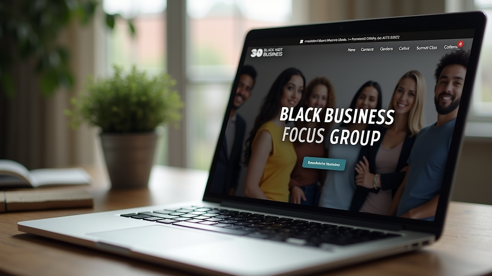 Close-up view of a laptop screen showing the Black Business Focus Group website