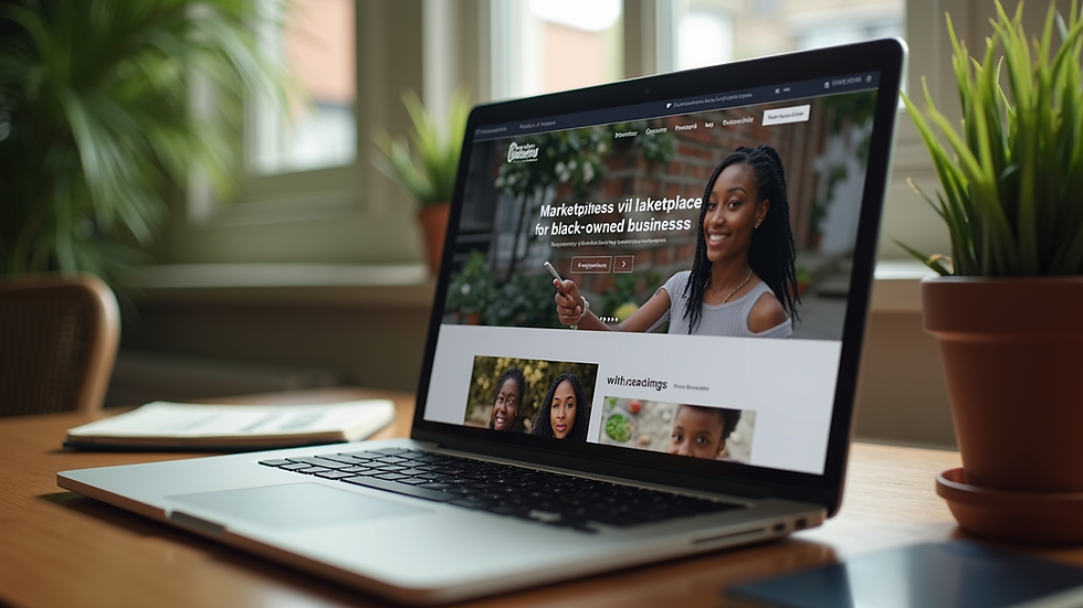 Close-up view of a laptop displaying an online marketplace for Black-owned businesses