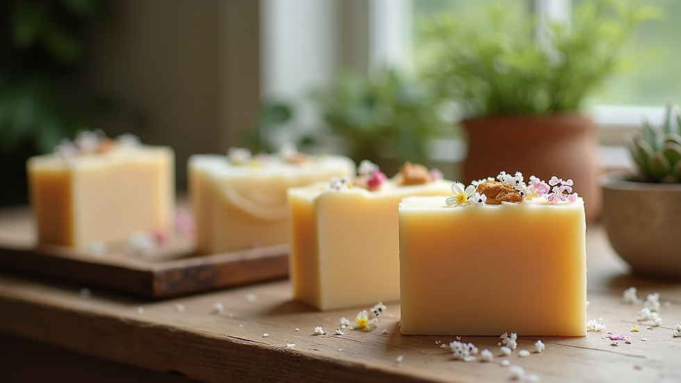 Eye-level view of custom soap bars with floral decorations on rustic wooden table