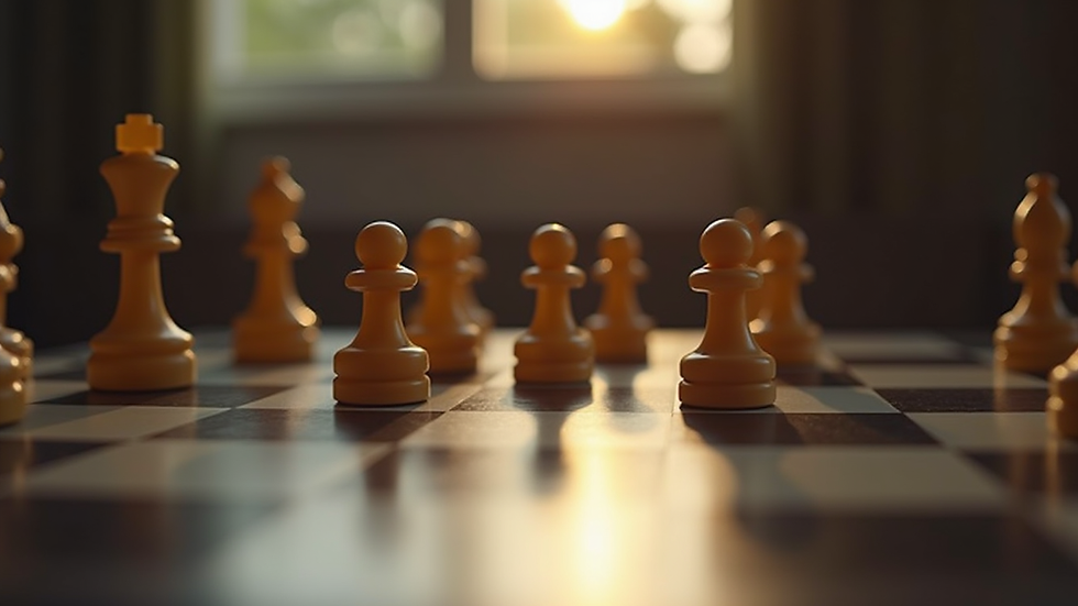Eye-level view of a chessboard with pieces set for a game