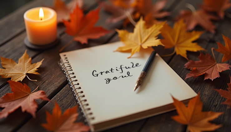 High angle view of a gratitude journal surrounded by autumn leaves and a lit candle