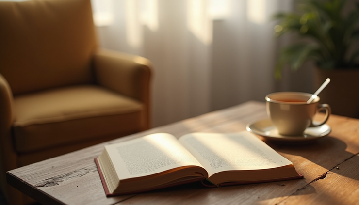 Eye-level view of a cozy corner with a cup of tea and a journal on a wooden table