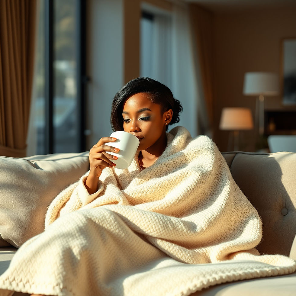 Eye-level view of a cozy corner with a soft blanket and a steaming cup of tea on a wooden table