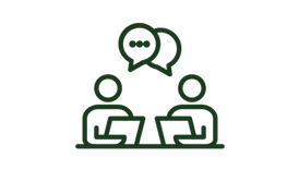 Two people in front of laptop screens with talking bubbles above them representing a consultation call