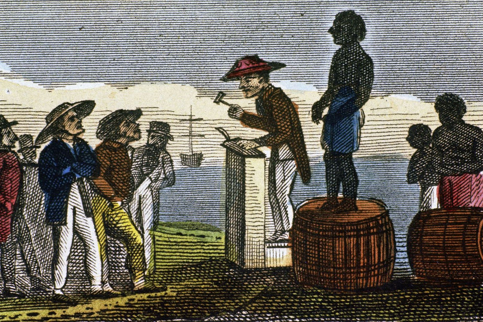 ID: Illustration of slave trader selling black slaves to white men at a slave auction.