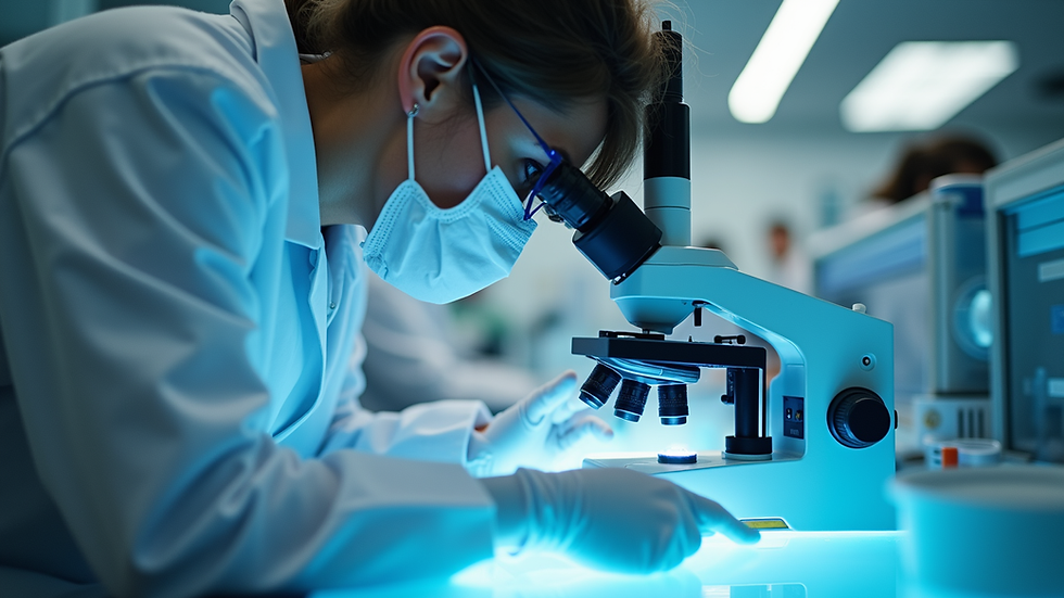 Eye-level view of laboratory technician analyzing peptide samples under microscope