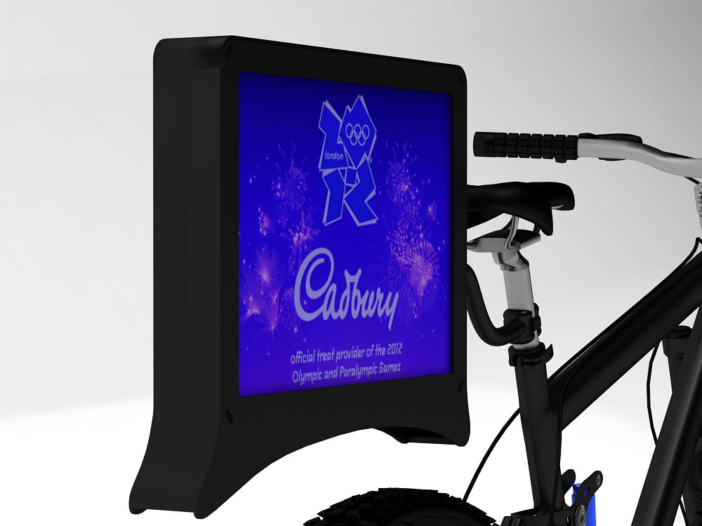 Rear angle render of bike concept showcasing the illuminated advertising panel and integrated lighting.