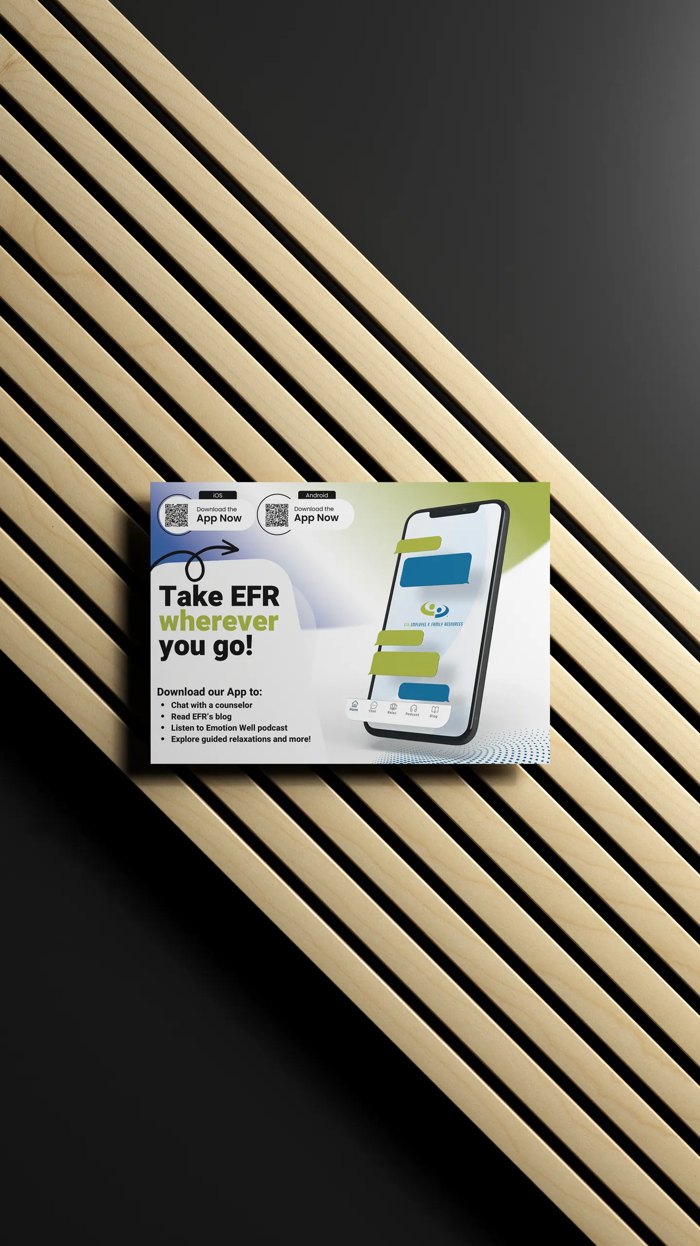 a postcard encouraging clients to download a mobile application