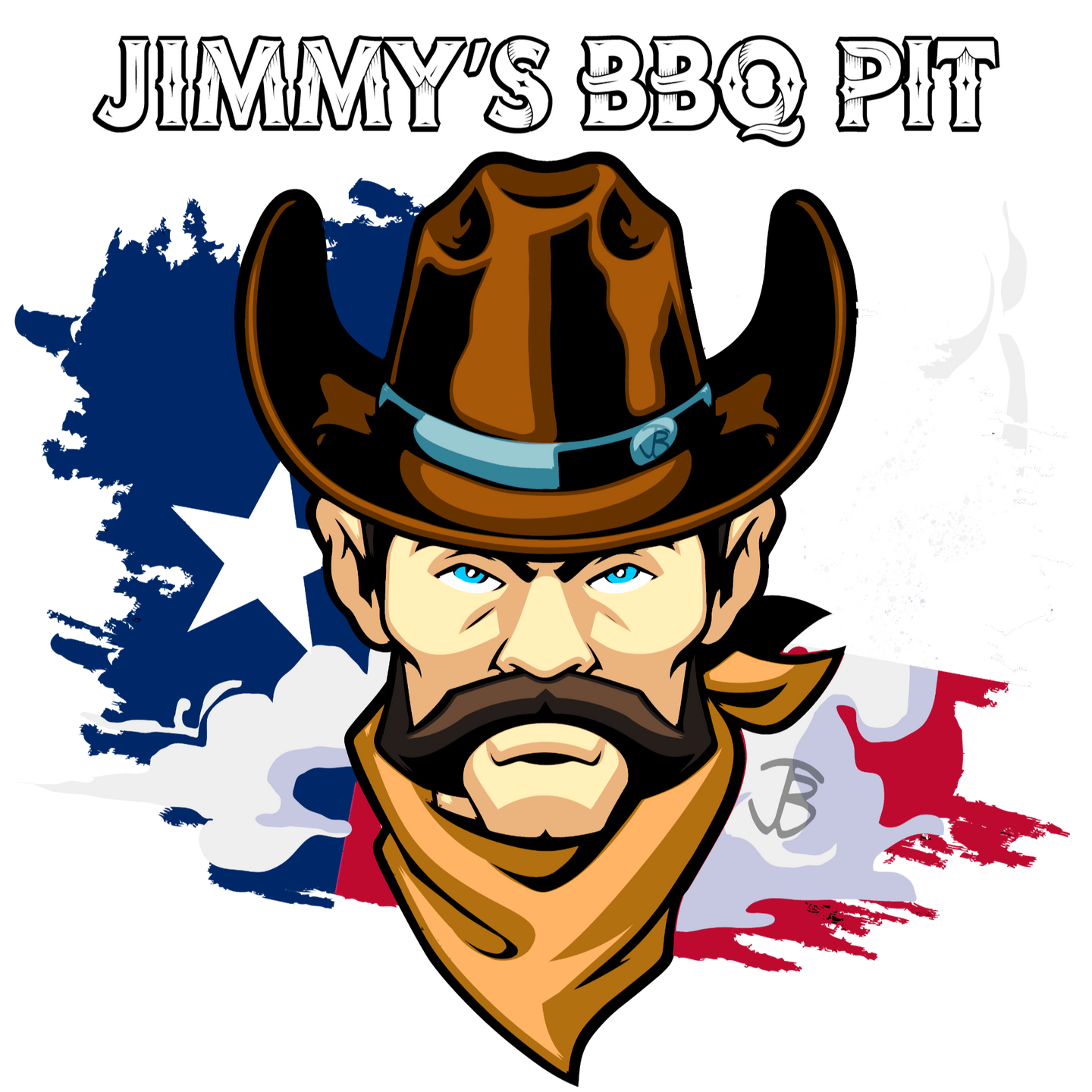 a graphic for Jimmy's BBQ Pit in Boone, Iowa featuring a Cowboy and a distressed Texas Flag