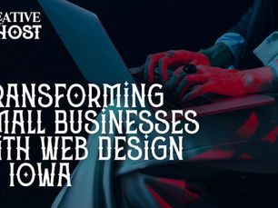Laptop user in a dim setting, red lighting casts shadows. Text: "Creative Ghost: Transforming Small Businesses with Web Design in Iowa."
