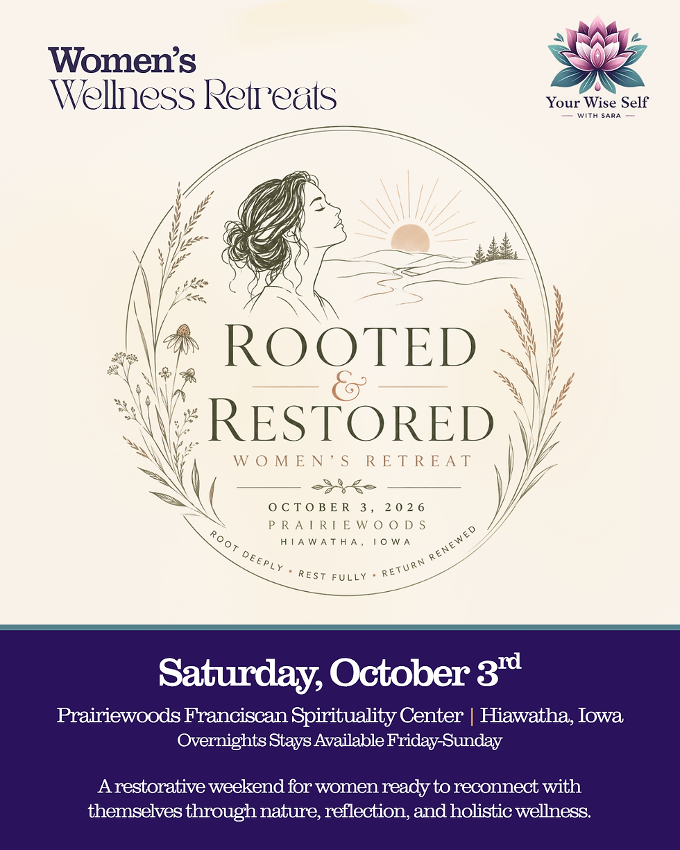 Rooted & Restored Women's Retreat promotional graphic featuring a botanical illustration of a woman with retreat details for October 3rd at Prairiewoods Franciscan Spirituality Center in Hiawatha, Iowa. Optional overnight accommodations are available for women wishing to extend their wellness retreat experience through the weekend.