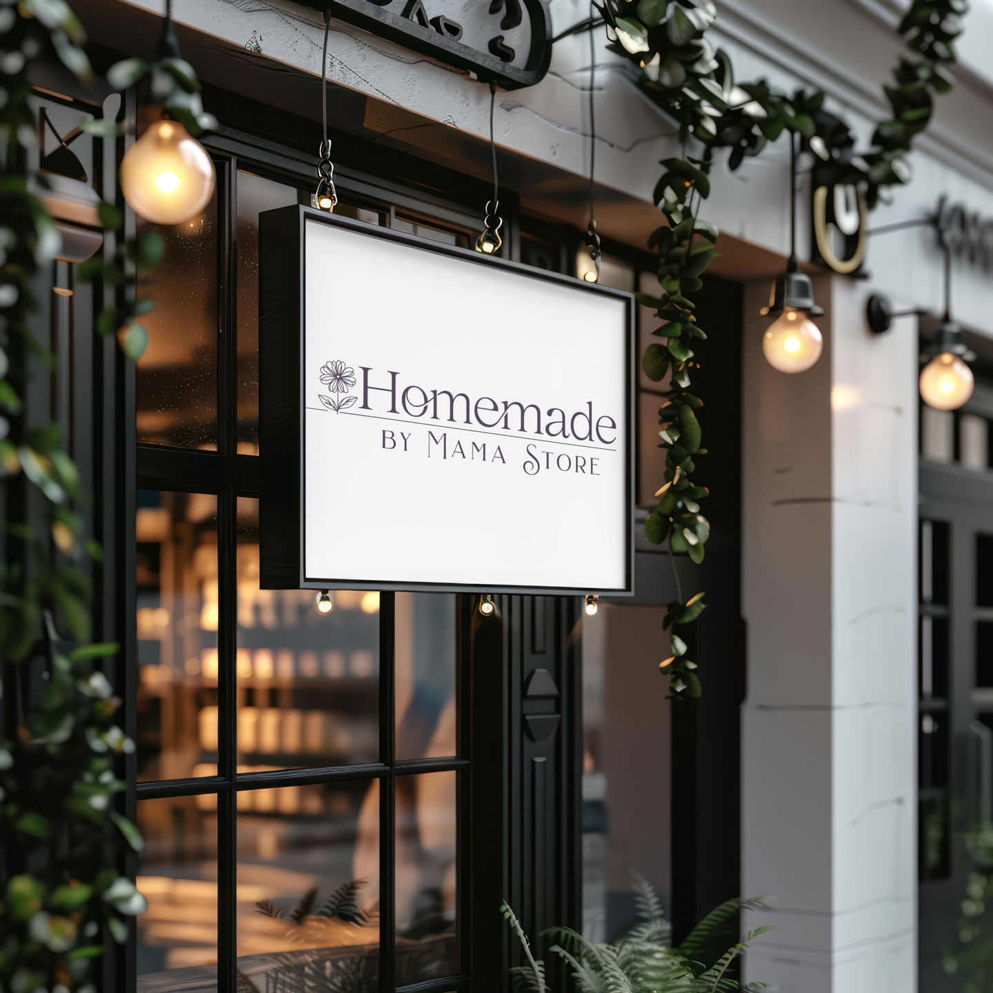 a sign on a retail storefront that reads "Homemade by Mama"