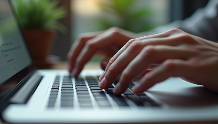Close-up of a person typing SEO content on a laptop keyboard
