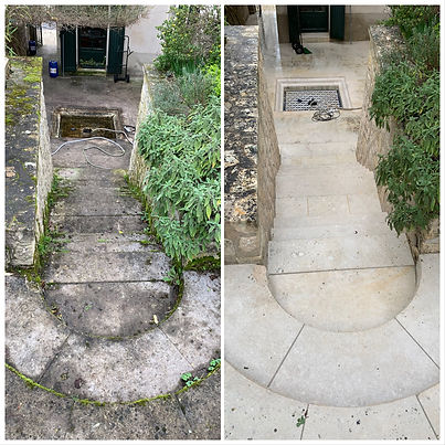 Avant après nettoyage extérieur à Amboise escalier terrasse en pierre nettoyés en profondeur