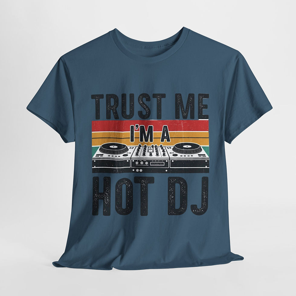 Thumbnail: Close-up of tear-away label on “Trust Me – I Am a Hot DJ” t-shirt