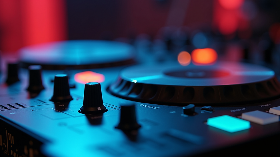 Close-up view of DJ mixer with knobs and sliders