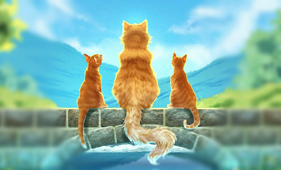 Three cats sitting on a bridge.