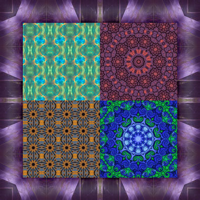 Four images showing fabric designs within a purple fractal frame