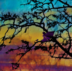 The silhouette of the almost bare branches of a tree in the brilliant oranges, yellows, and purples of a late afternoon in autumn. A Faerie, with wild dark hair and a purple dress, sits on a limb of this tree and chats with a purple bird who has come to visit her. Scattered among the branches are the silhouettes of smaller birds who are just enjoying the evening.