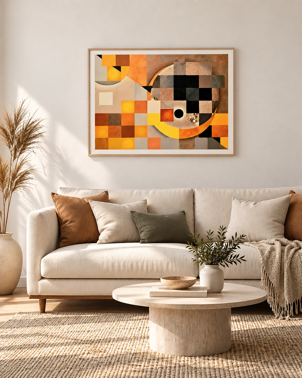 Matrice, geometrisch abstract schilderij van Jeanne Giberius in warme oker-, oranje-, beige- en zwarttinten, gepresenteerd boven een bank in een modern interieur.