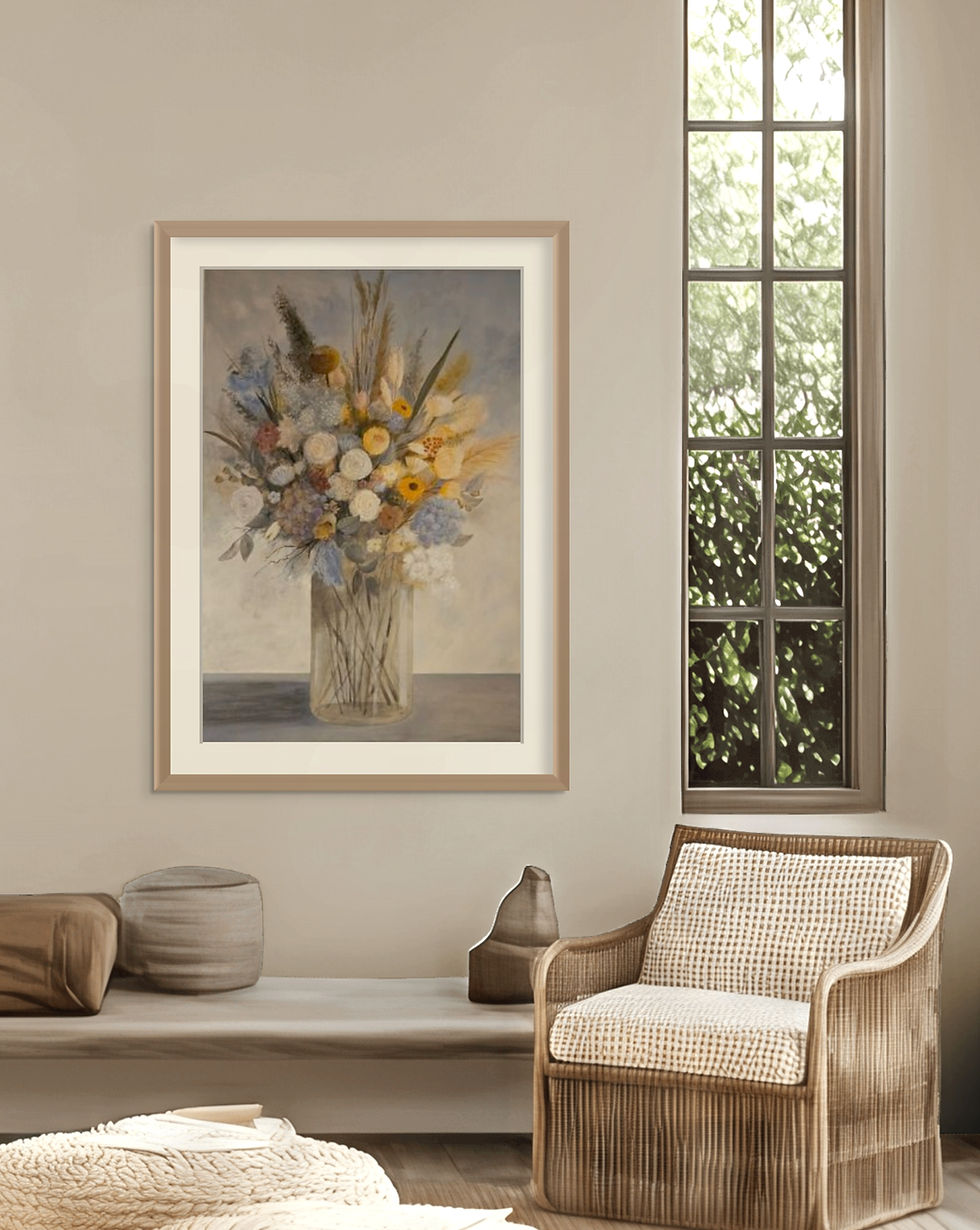 Bouquet intemporel, bloemenschilderij te koop door Jeanne Giberius getoond in een interieur