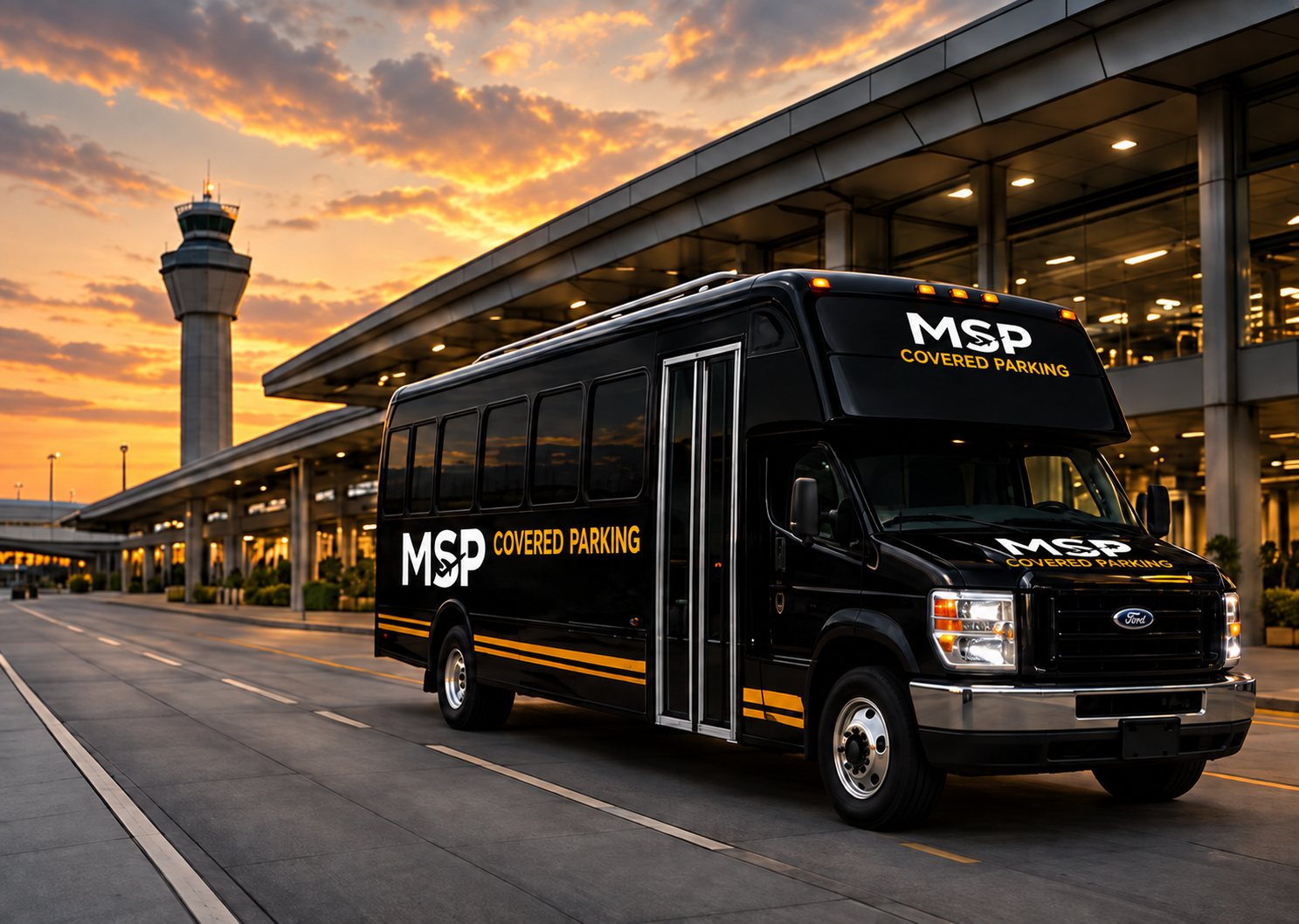 MSP Covered Parking shuttle at the airport terminal at sunset