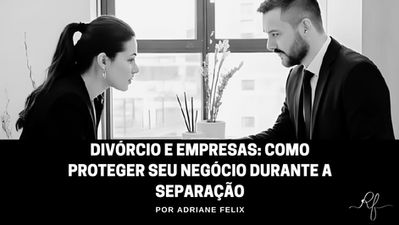 Homem e mulher sentados em lados opostos de uma mesa com contrato empresarial entre eles e uma empresa desenhada ao fundo.