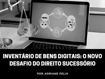 Notebook aberto com símbolos de redes sociais, nuvem, moedas virtuais e contrato jurídico ao fundo, representando herança digital