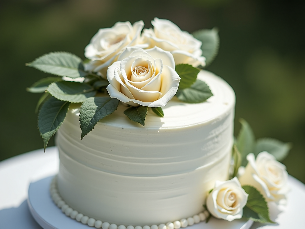 Small white wedding cake on a white table with three ivory roses on top