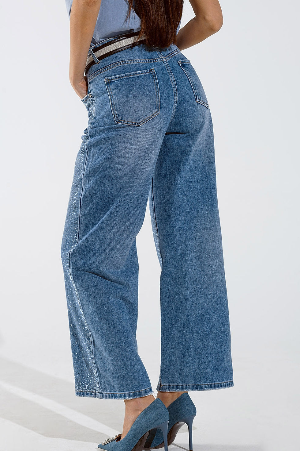 Thumbnail: Wide Leg Jeans With Exposed Buttons and Stras Details in Mid Wash
