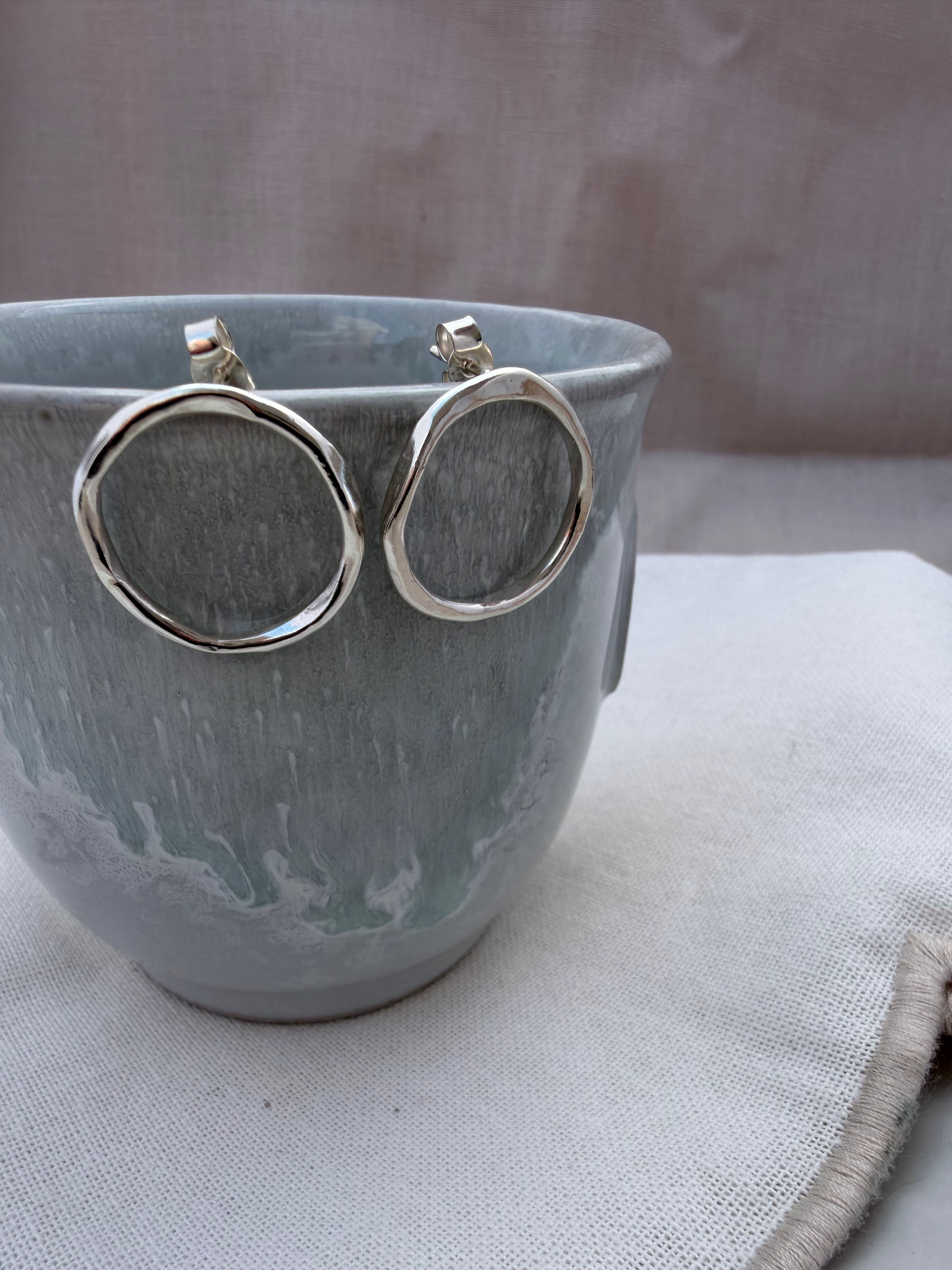 Flat Ding Handmade Sterling Silver Hoops