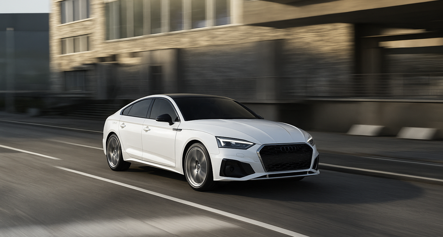 سيارة أودي بيضاء أنيقة تسير في مدينة