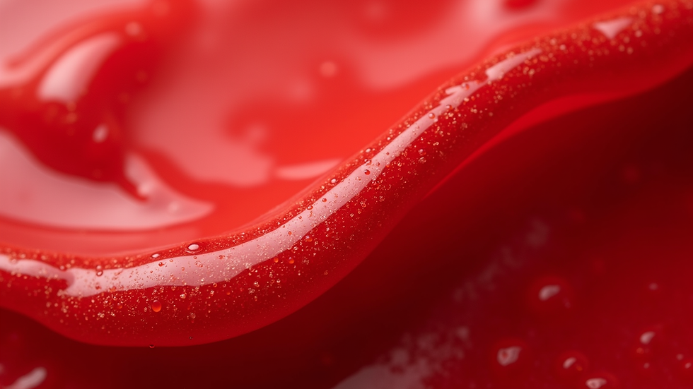 Close-up de batom líquido vermelho Ruby com textura cremosa