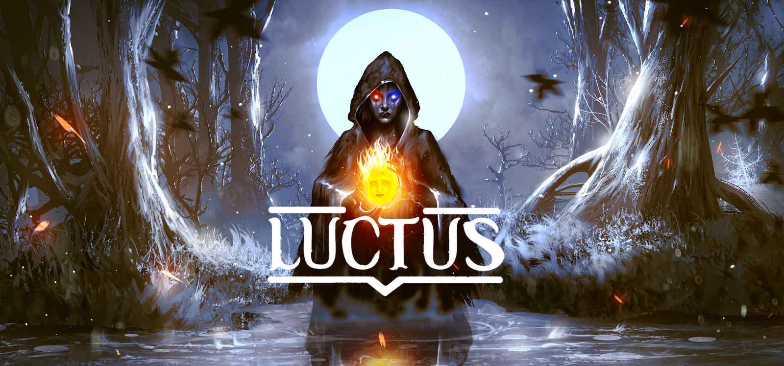Luctus key art: the flame witch Nora holding a fireball in a dark forest