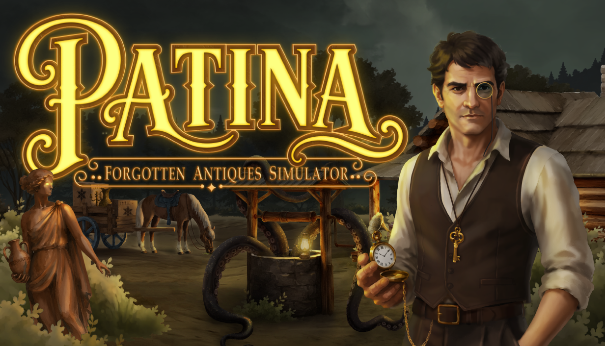 Patina: Forgotten Antiques Simulator key art: a shopkeeper among old furniture and curiosities