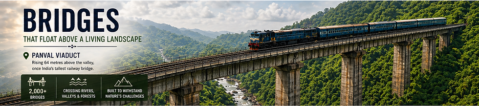 Konkan Railway train crossing Panval Viaduct bridge over green valley, highlighting one of India’s tallest railway bridges and engineering achievement