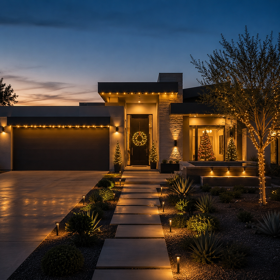 Beautiful Christmas lighting installed for home exterior at dusk.