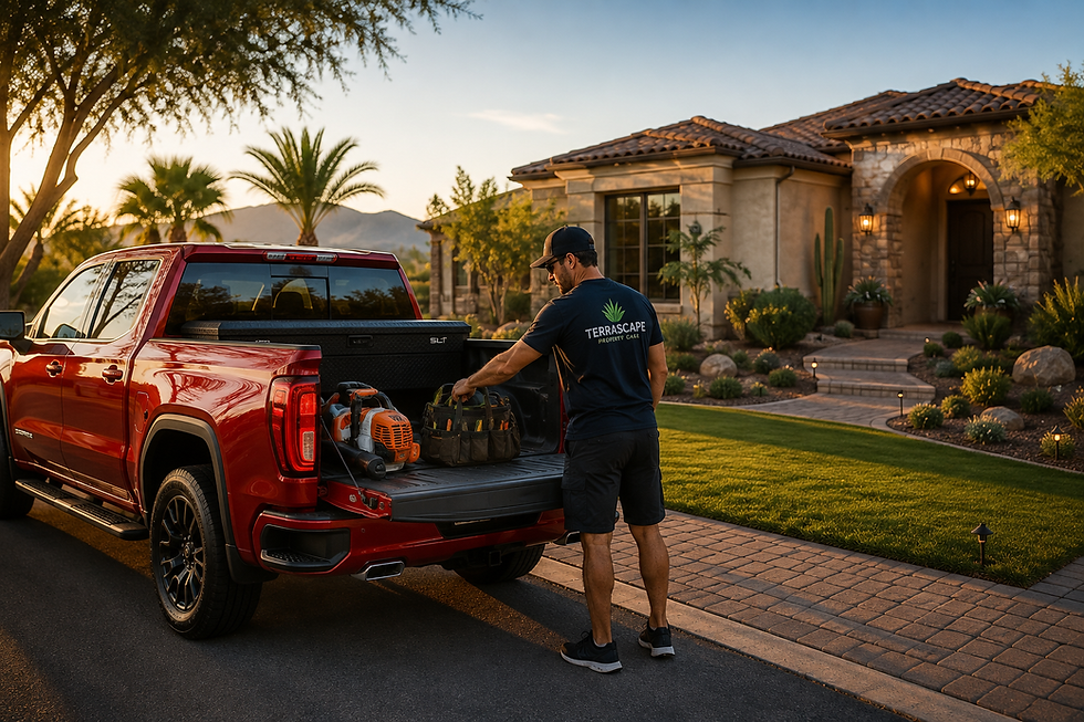 Lawn care landscaper unloading equipment from a red truck