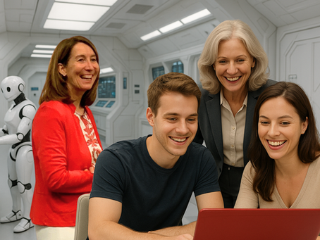 Rosemarie Thiedmann in a futuristic working environment with young and older colleagues and a robot in the background