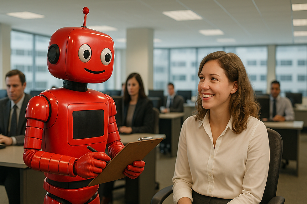 KI roter Roboter interviewt Mitarbeiterin