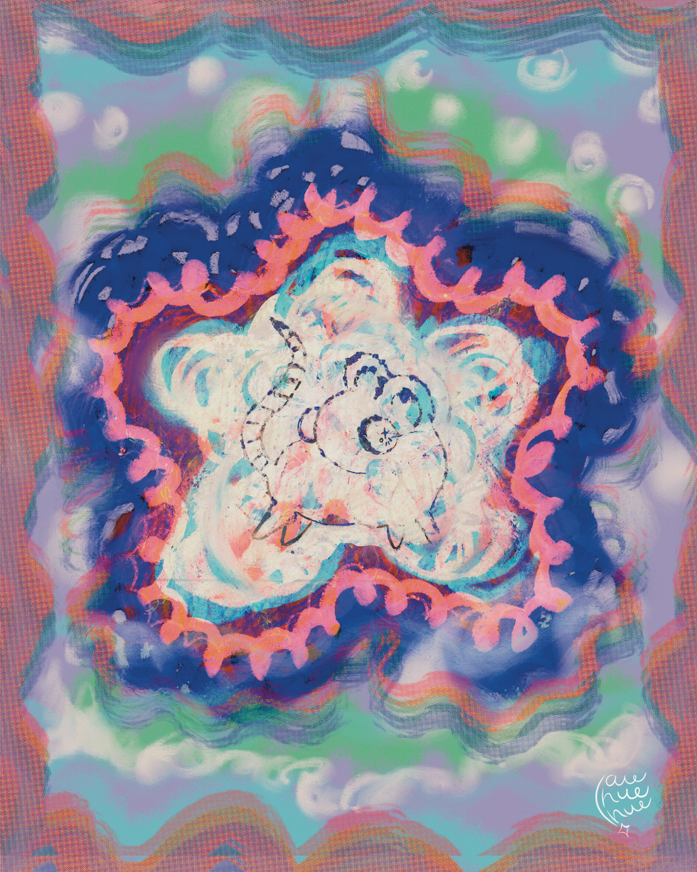 a mouse looks out from a fluffy white star which is surrounded by abstract shapes in pastel hues.