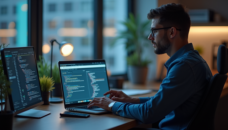Eye-level view of a developer working on a laptop with AI-powered mobile app development tools
