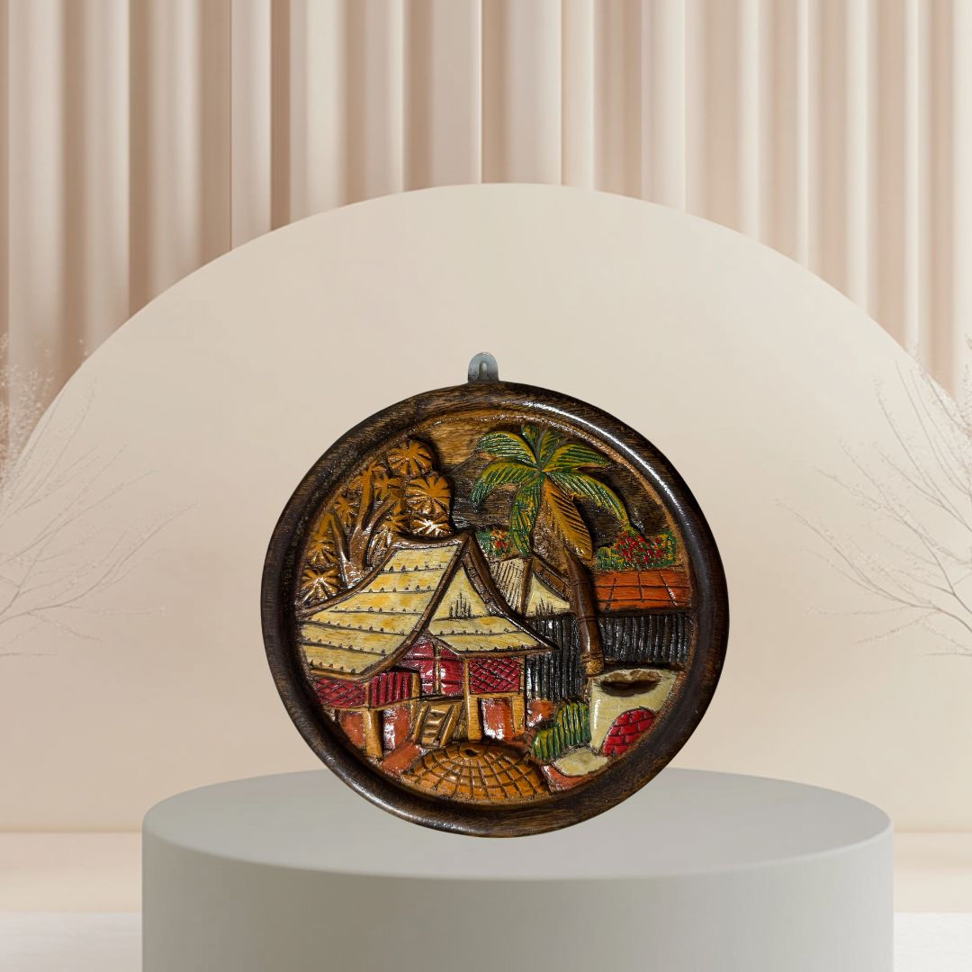 Solid Wood Hand Carved Painted Village