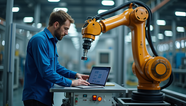 Close-up view of an engineer programming an industrial robot arm in a manufacturing plant