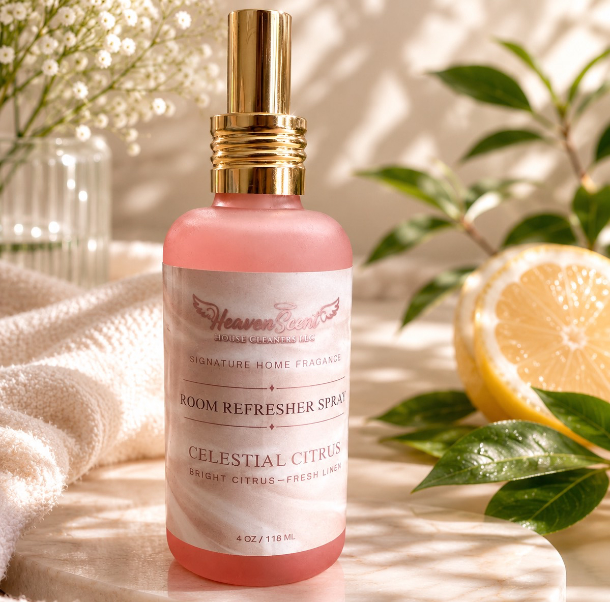 An elegant amber glass aesthetic spray bottle amidst fresh citrus fruits and soft white linen folds