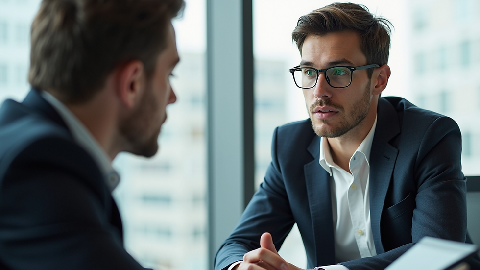 Close-up view of a consultant discussing AI strategy with a client in a bright office
