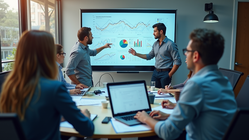 High angle view of a team brainstorming around a digital whiteboard