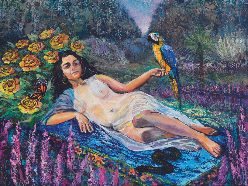 Nature, Garden, Woman, Nude, Flowers, Parrot, 